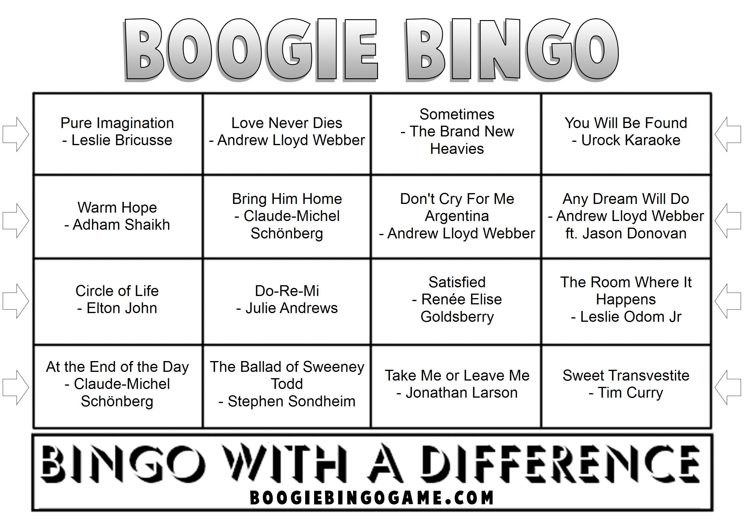 Game 114 | West End Musicals | Boogie Bingo | Printable Music Bingo Tickets