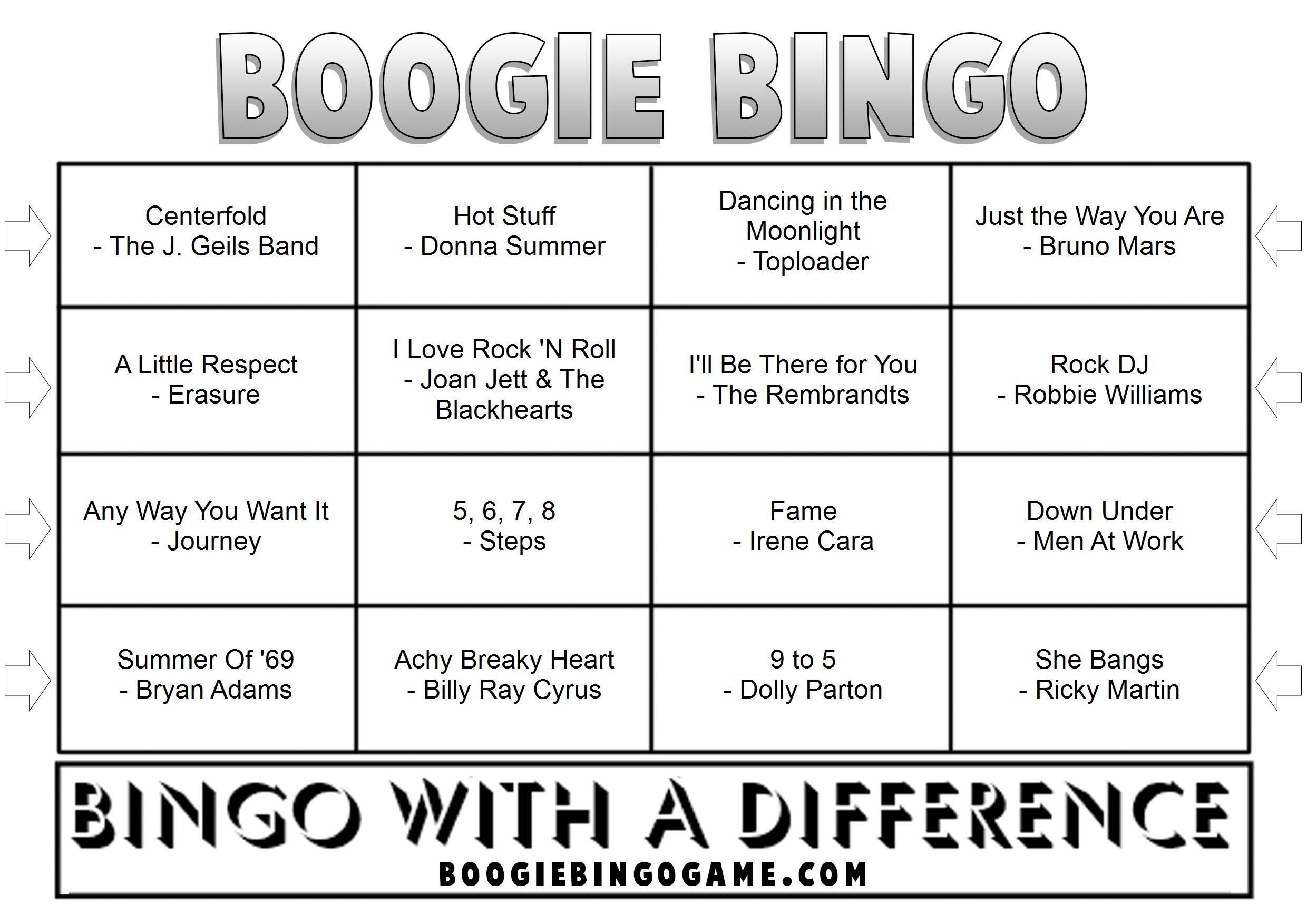 Game 96 | Guilty Pleasures | Boogie Bingo | Printable Music Bingo Tickets