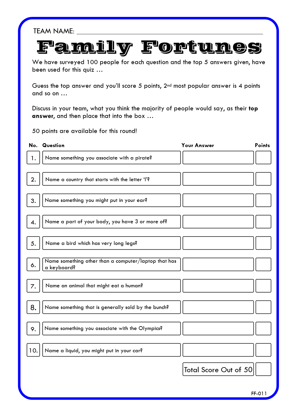 Family Fortunes Game 11 | Family Fortunes Questions And Answers | Instant Download