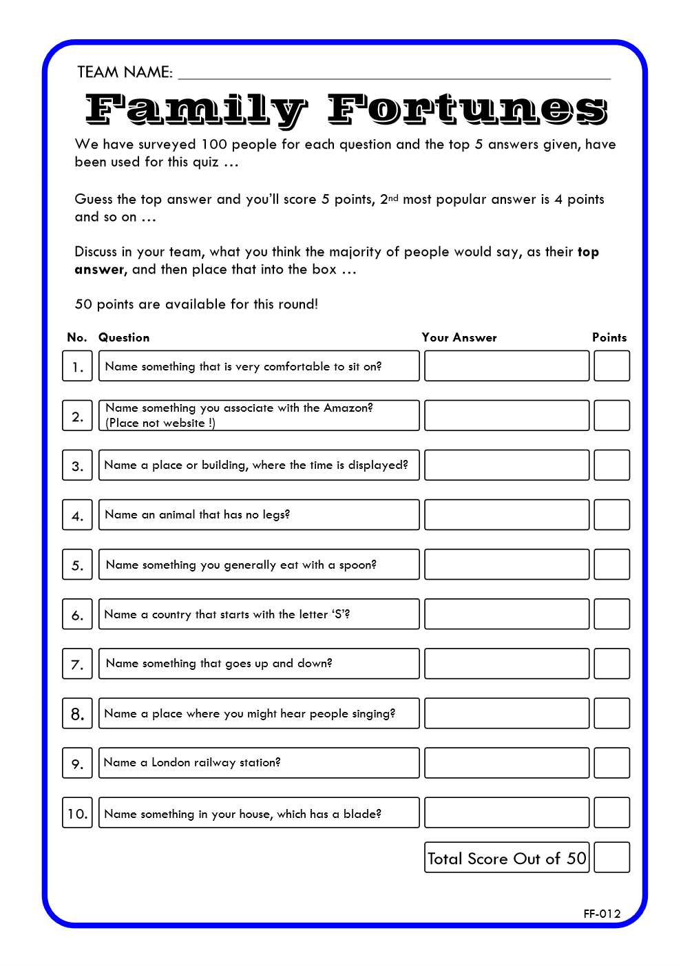 Family Fortunes Game 12 | Family Fortunes Questions And Answers | Instant Download