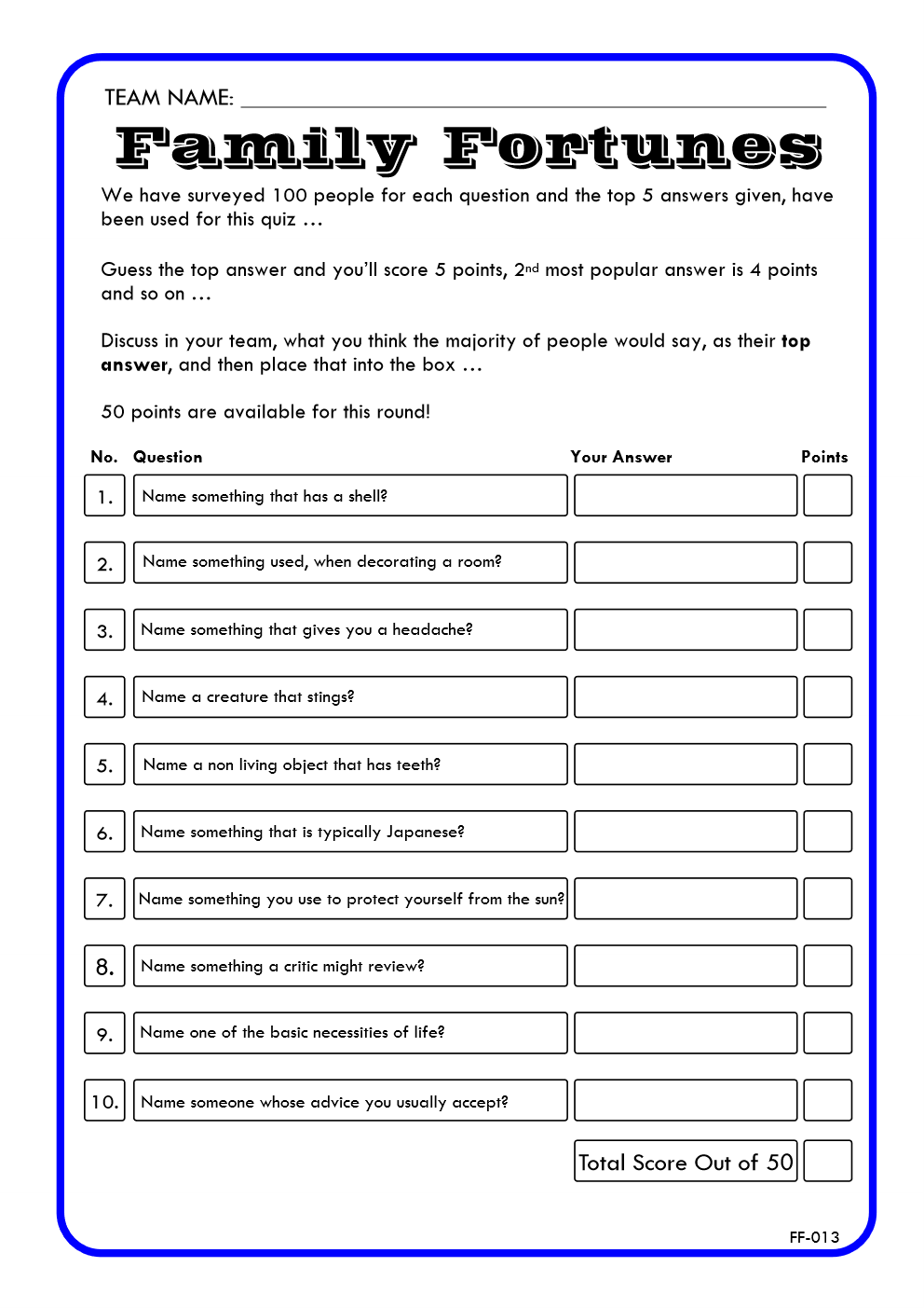 Family Fortunes Game 13 | Family Fortunes Questions And Answers | Instant Download