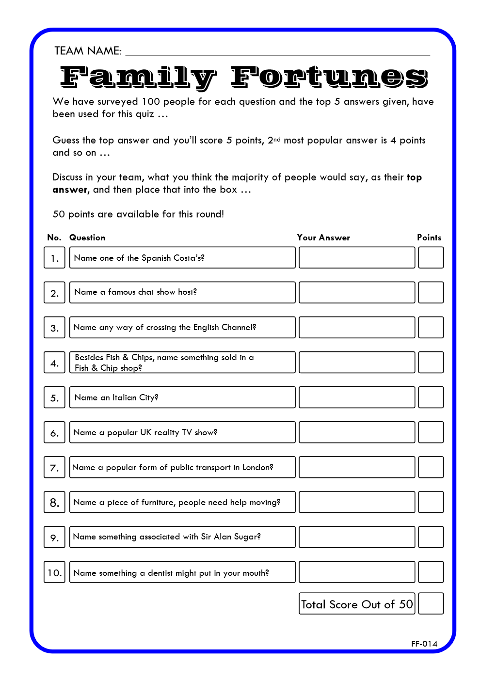 Family Fortunes Game 14 | Family Fortunes Questions And Answers | Instant Download