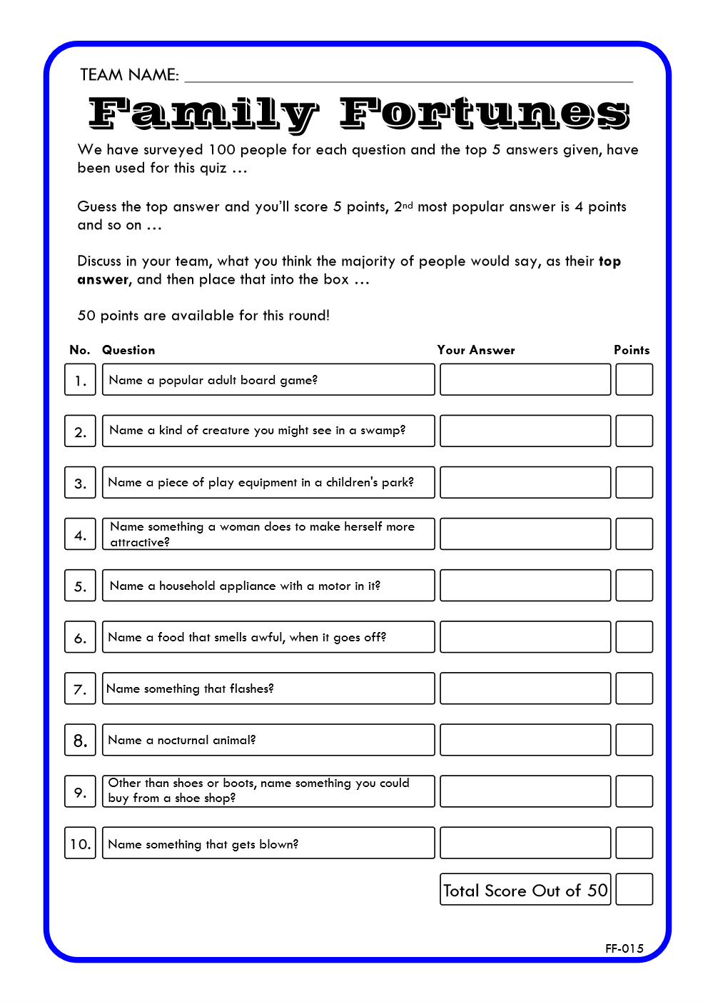 Family Fortunes Game 15 | Family Fortunes Questions And Answers | Instant Download