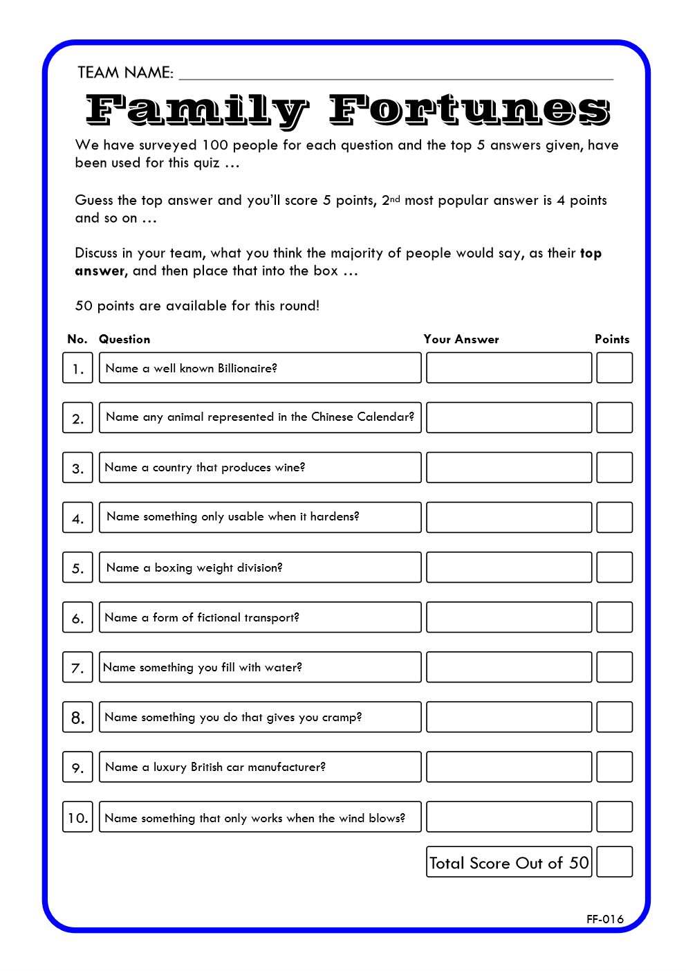 Family Fortunes Game 16 | Family Fortunes Questions And Answers | Instant Download