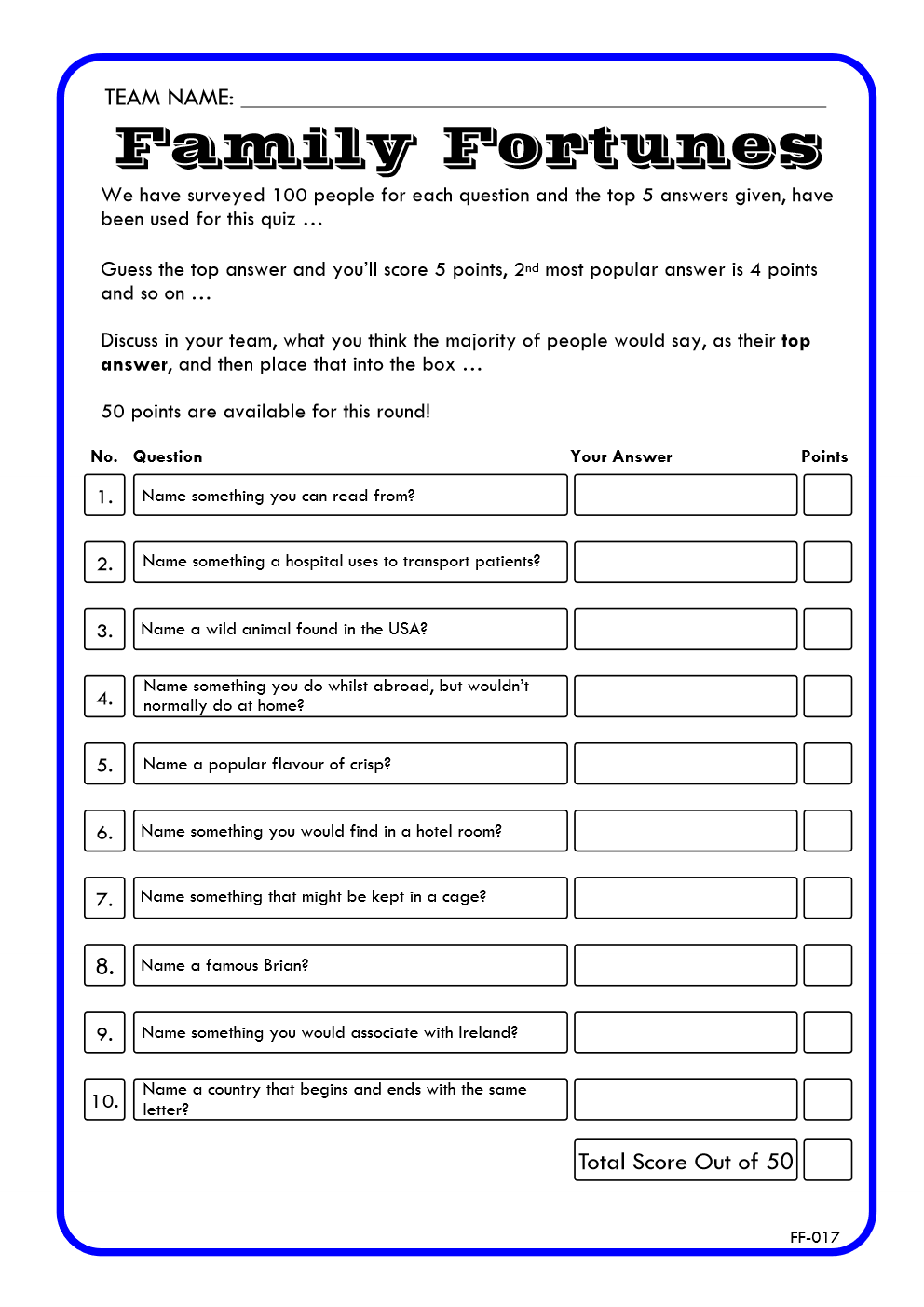 Family Fortunes Game 17 | Family Fortunes Questions And Answers | Instant Download