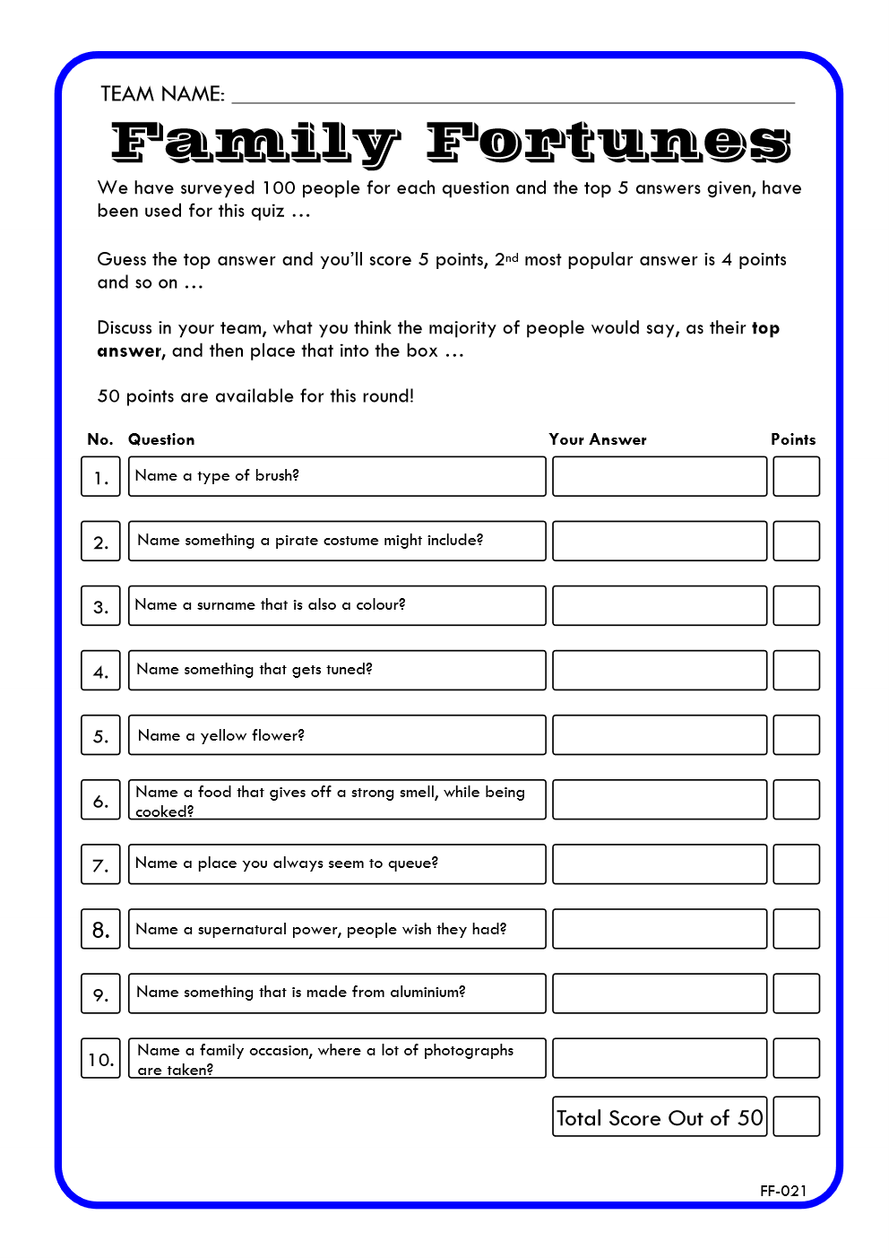 Family Fortunes Game 21 | Family Fortunes Questions And Answers | Instant Download