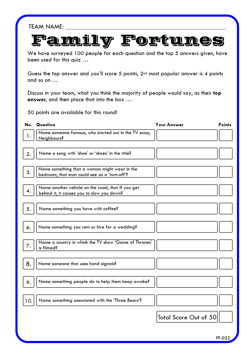 Family Fortunes Game 22 | Family Fortunes Questions And Answers | Instant Download