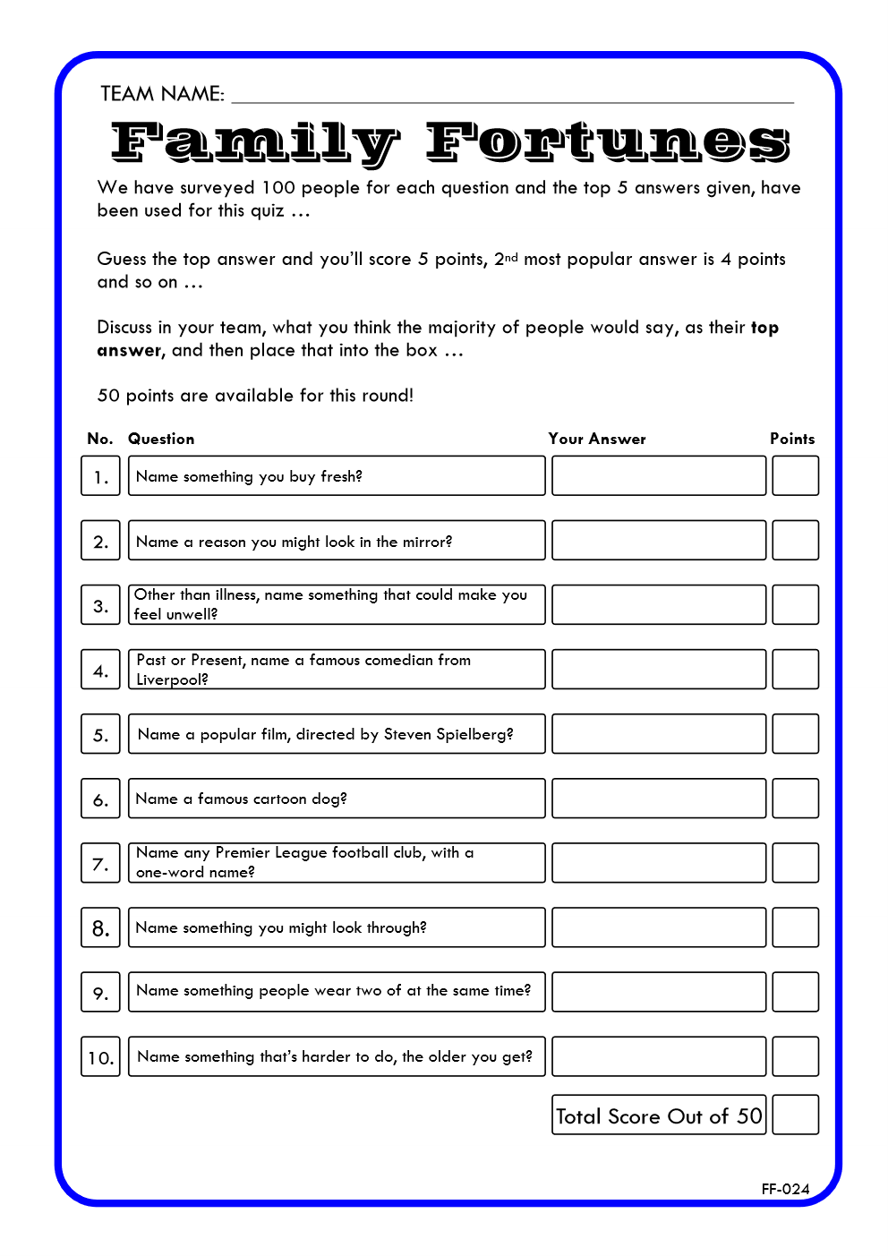 Family Fortunes Game 24 | Family Fortunes Questions And Answers | Instant Download