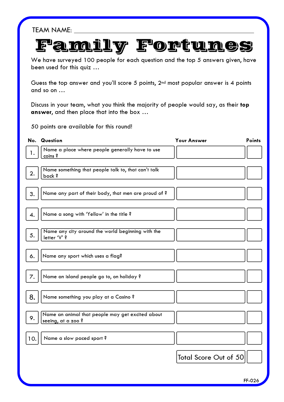 Family Fortunes Game 26 | Family Fortunes Questions And Answers | Instant Download