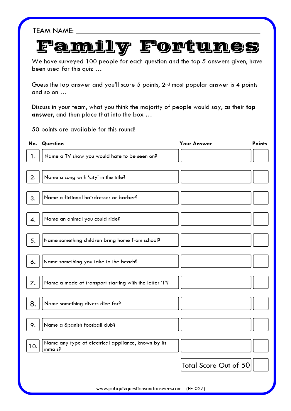 Family Fortunes Game 27 | Family Fortunes Questions And Answers | Instant Download