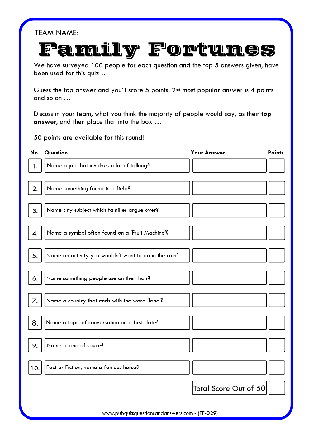 Family Fortunes Game 29 | Family Fortunes Questions And Answers | Instant Download