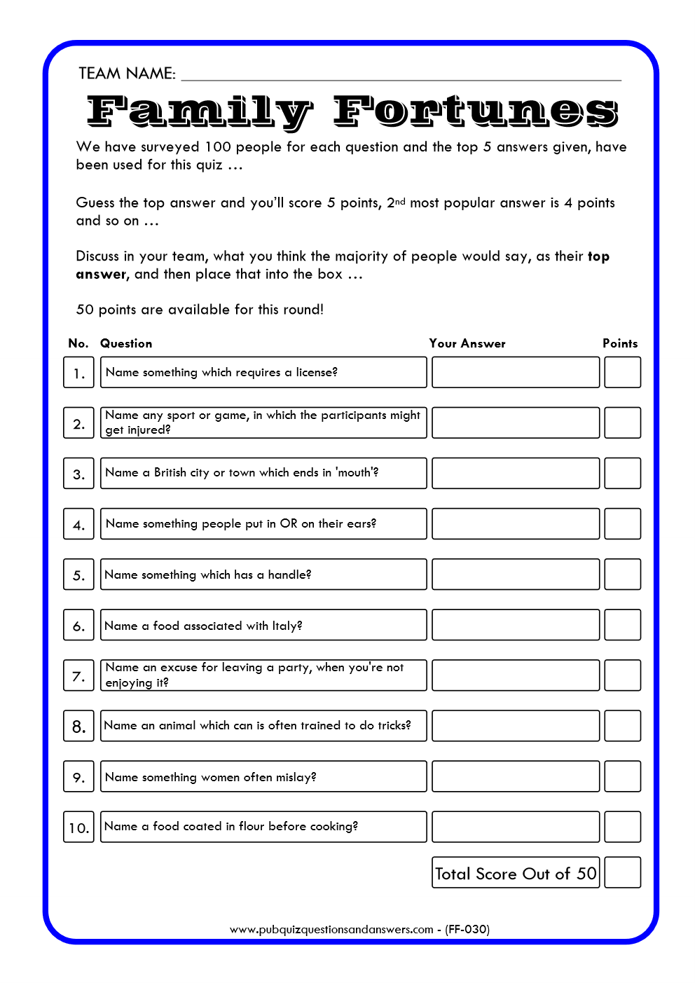 Family Fortunes Game 30 | Family Fortunes Questions And Answers | Instant Download