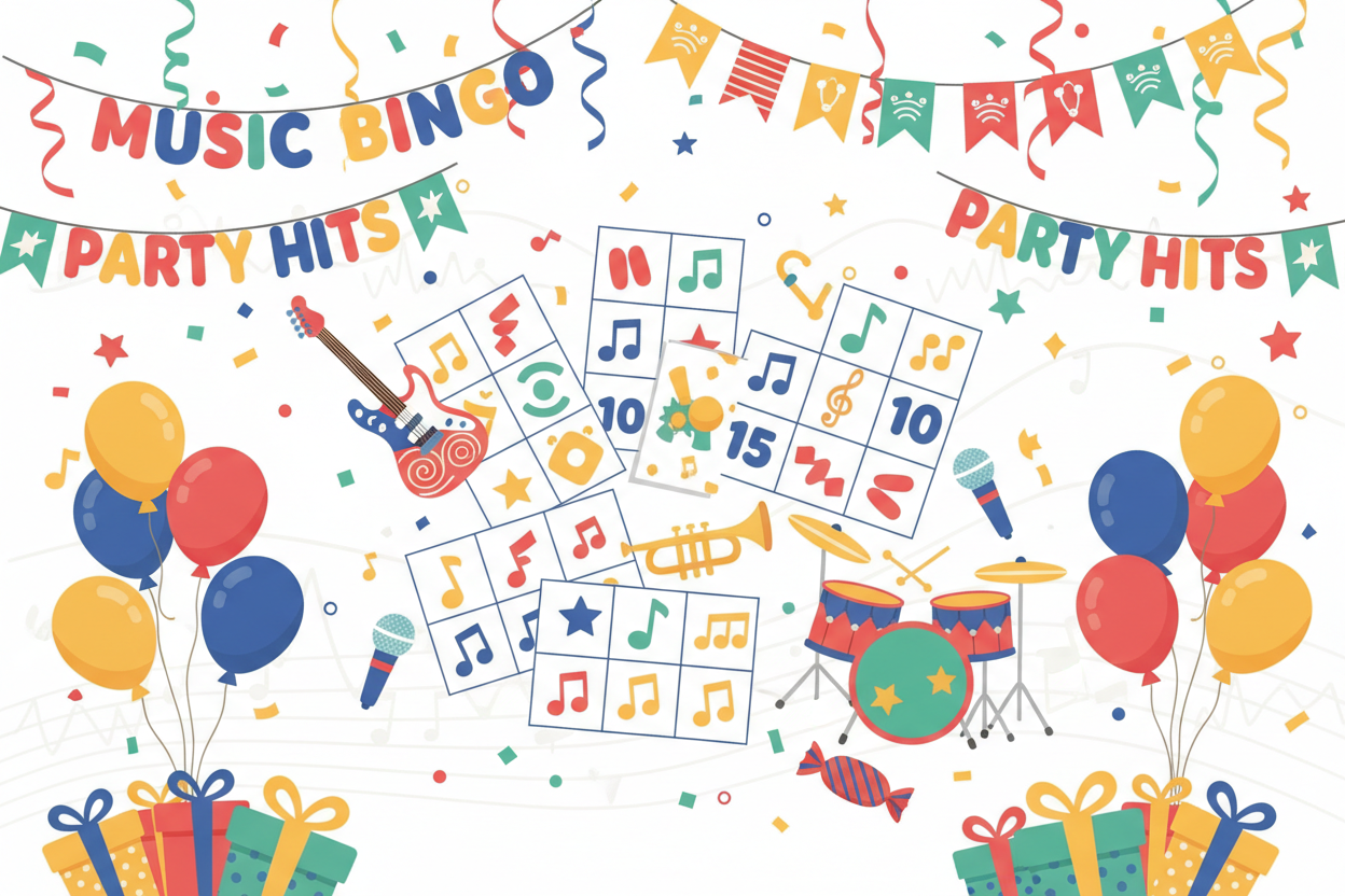 Kids Party Music Bingo printable game cards with colourful design for children's birthday parties and family events