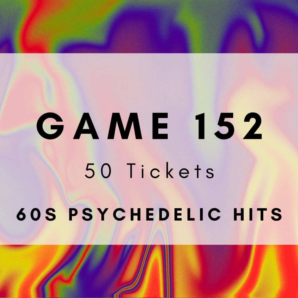 60s Psychedelic Hits music bingo game with printable tickets featuring Purple Haze and Lucy In The Sky With Diamonds. 50 tickets