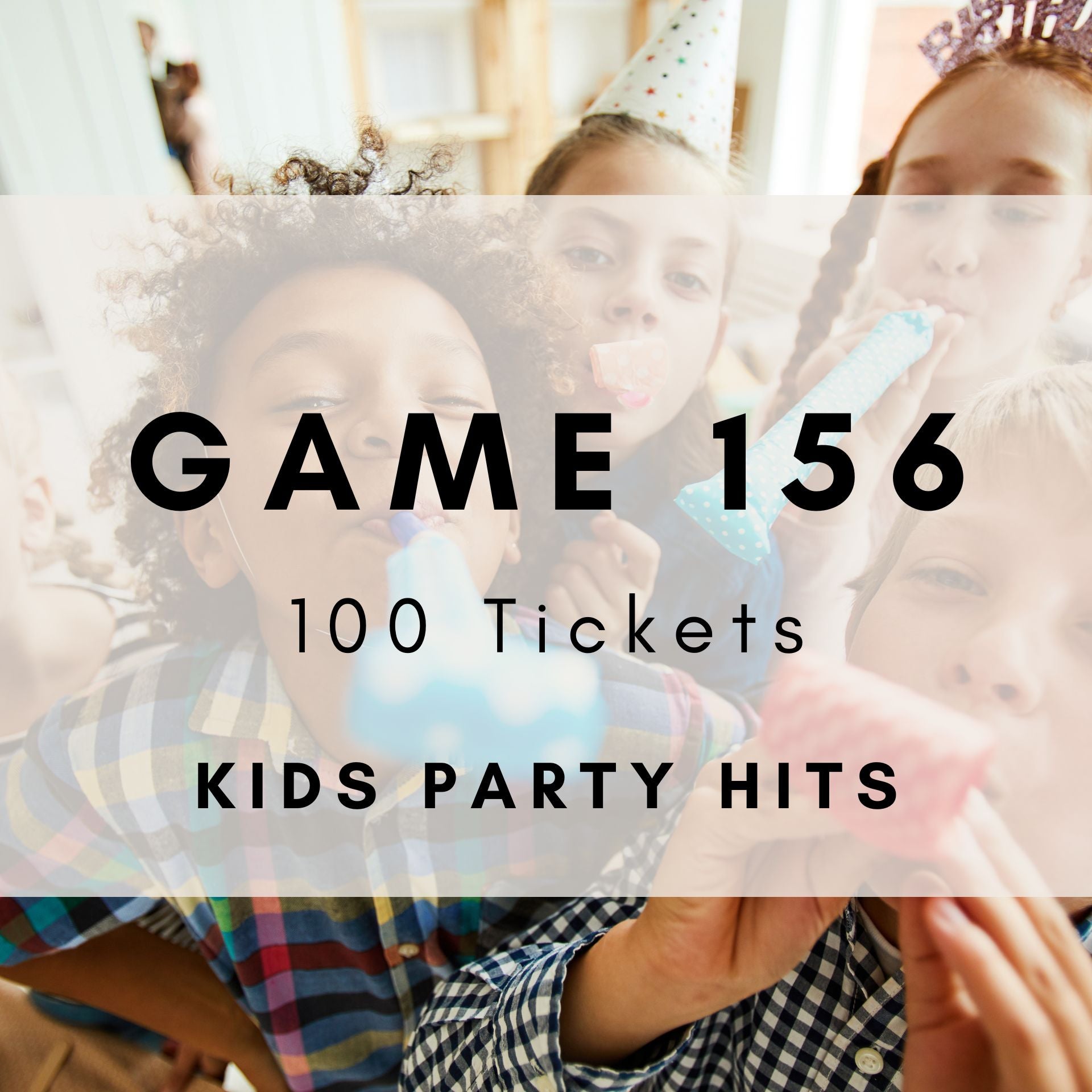 Kids Party Hits music bingo game with printable tickets featuring Happy and Can't Stop the Feeling. 100 tickets