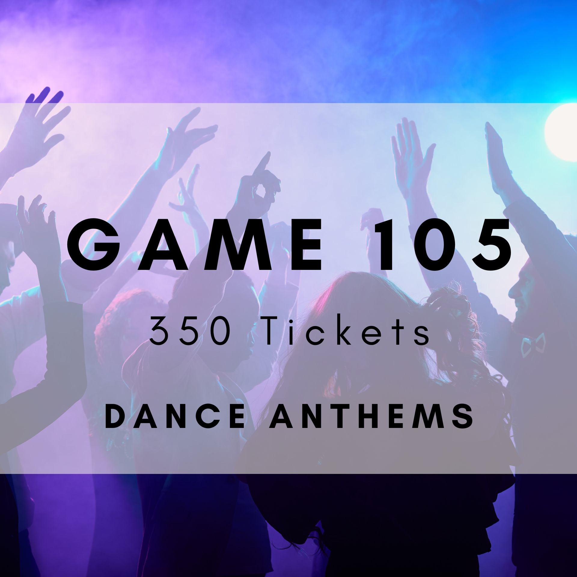 Dance anthems music bingo game with club hits for party entertainment. 350 tickets