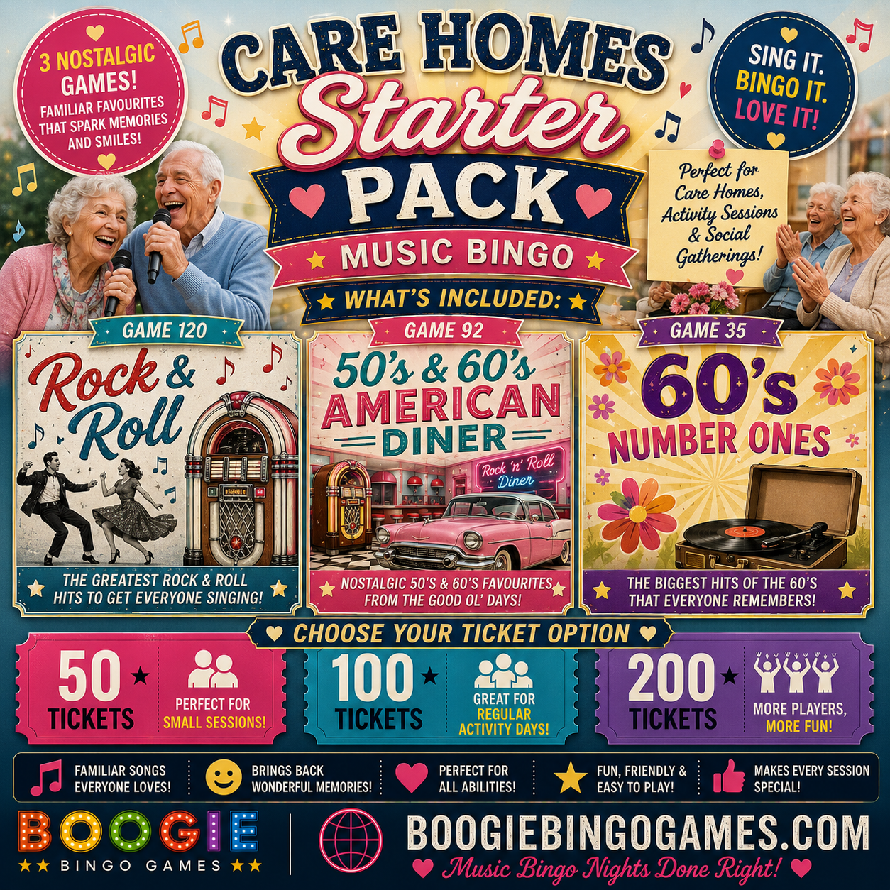 Care Homes Music Bingo Starter Pack - 50, 100 and 200 Ticket Options