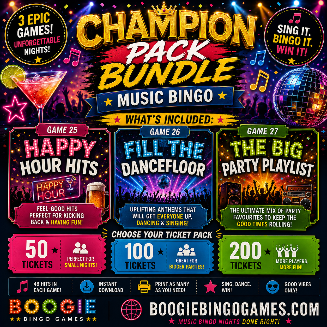 Champion Pack Bundle Music Bingo - Games 25, 26 and 27 printable party games. 50, 100 and 200 ticket options