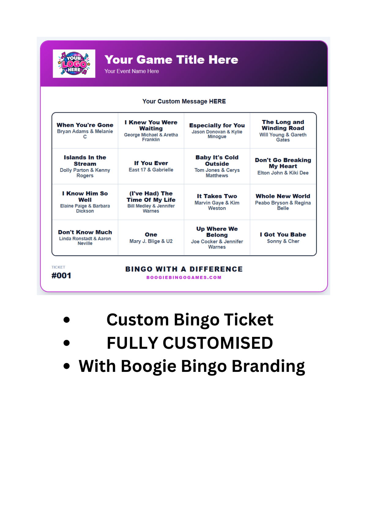 Custom Music Bingo Tickets - Fully Customised With Boogie Bingo Branding