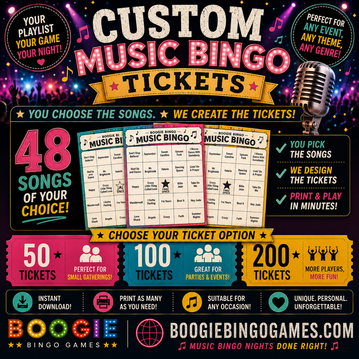 Custom Music Bingo Tickets | 50, 100 or 200 Options | Boogie Bingo | Printable Music Bingo Tickets