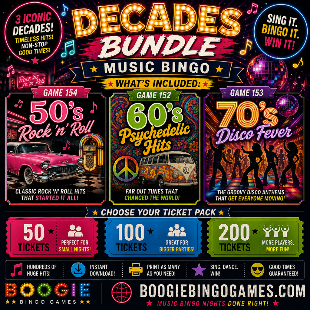Decades Bundle Music Bingo - 50s, 60s and 70s retro hits party games. 50, 100 and 200 ticket options