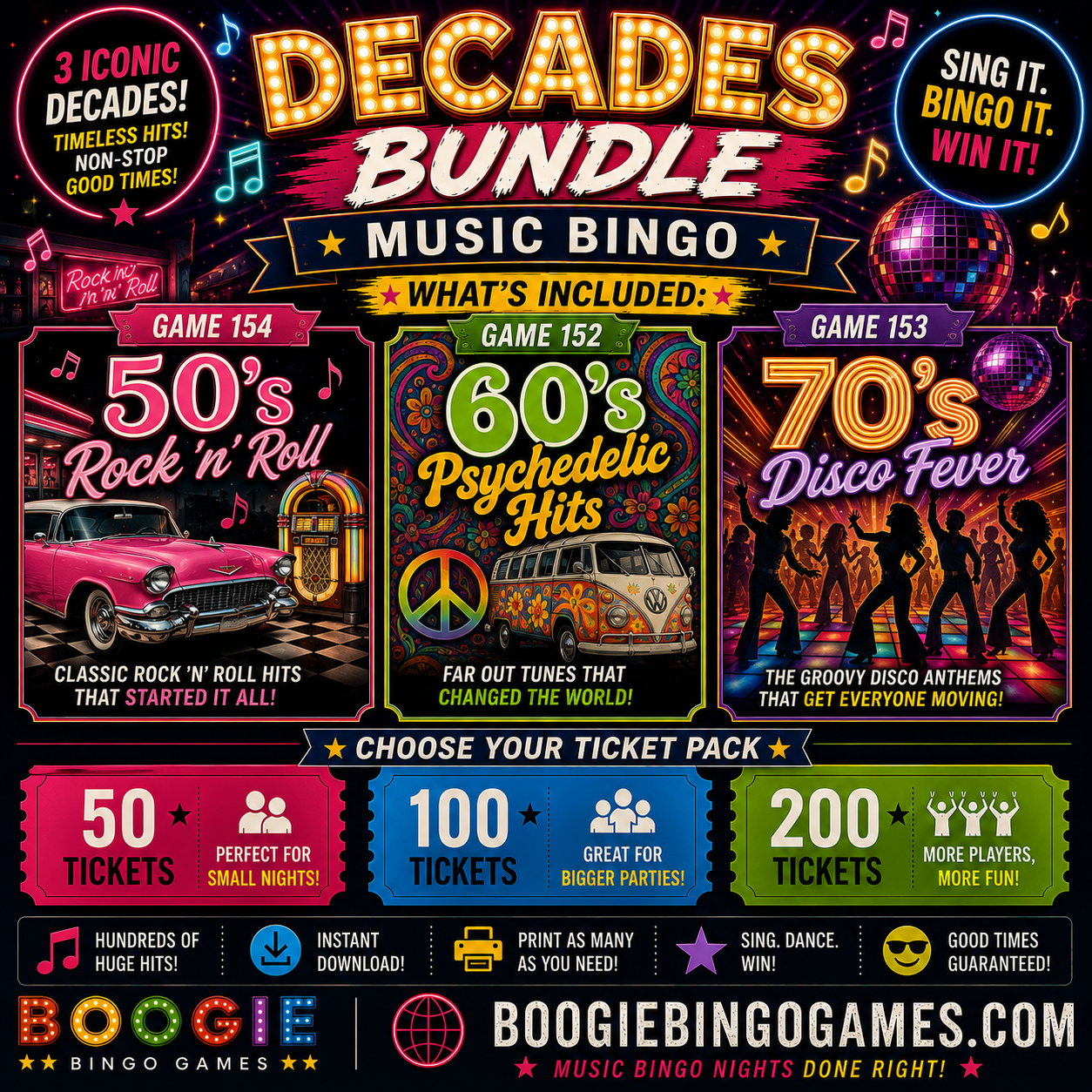 Decades Bundle Music Bingo - 50s, 60s and 70s retro hits party games. 50, 100 and 200 ticket options