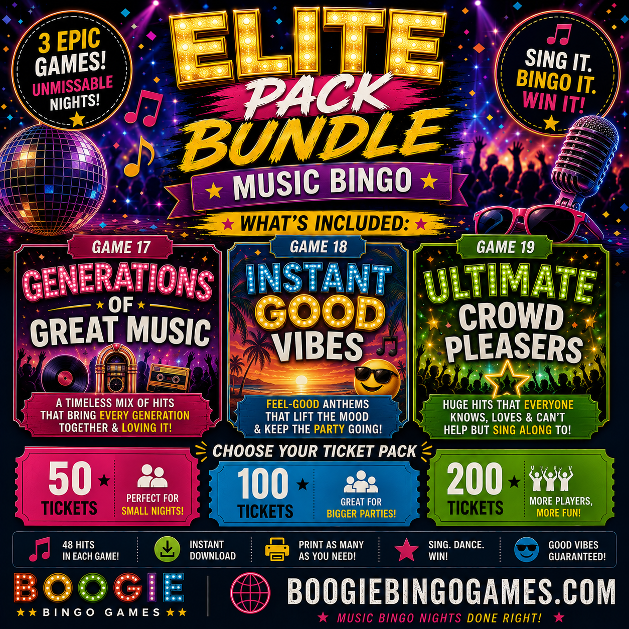 Elite Pack Bundle Music Bingo - Games 17, 18 and 19 printable party games. 50, 100 or 200 ticket options
