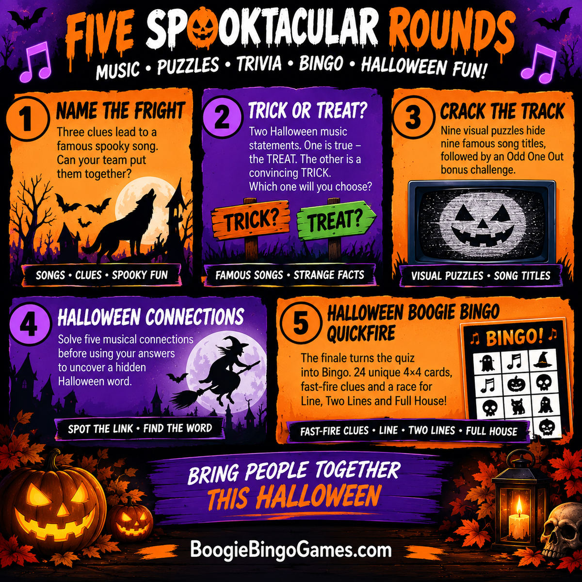 Five interactive rounds in the Ultimate Halloween Music Quiz including music trivia, visual puzzles, connections and Boogie Bingo Quickfire