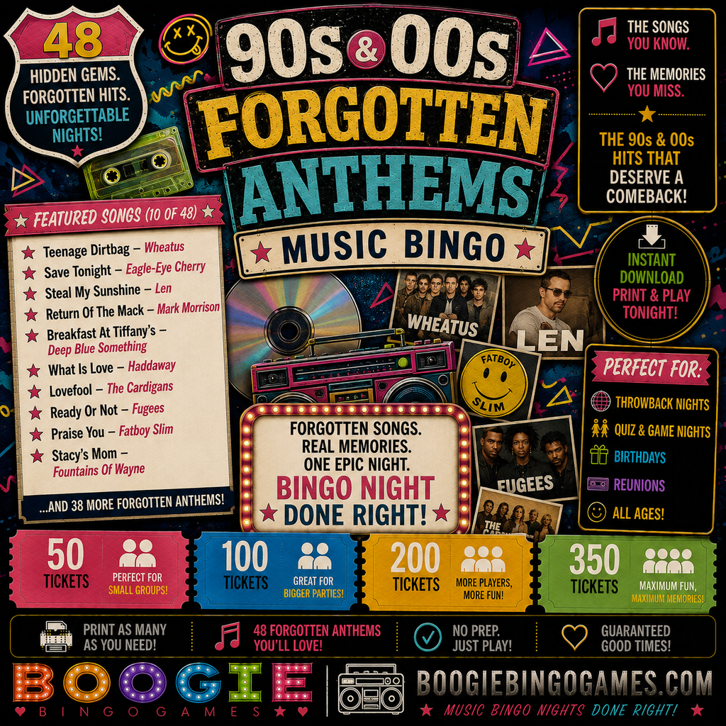 90s & 00s Forgotten Anthems Music Bingo In 50, 100, 200 and 350 Ticket Options