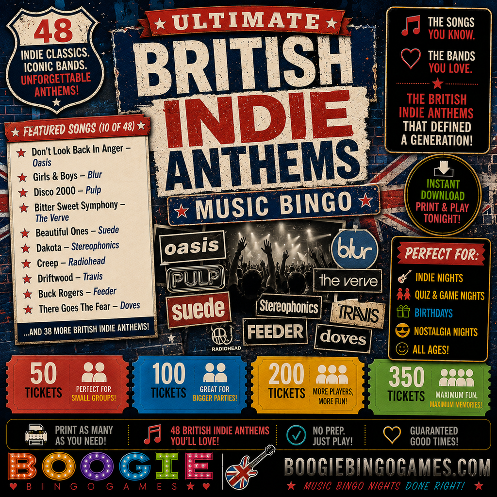 British Indie Anthems Music Bingo In 50, 100, 200 and 350 Ticket Options