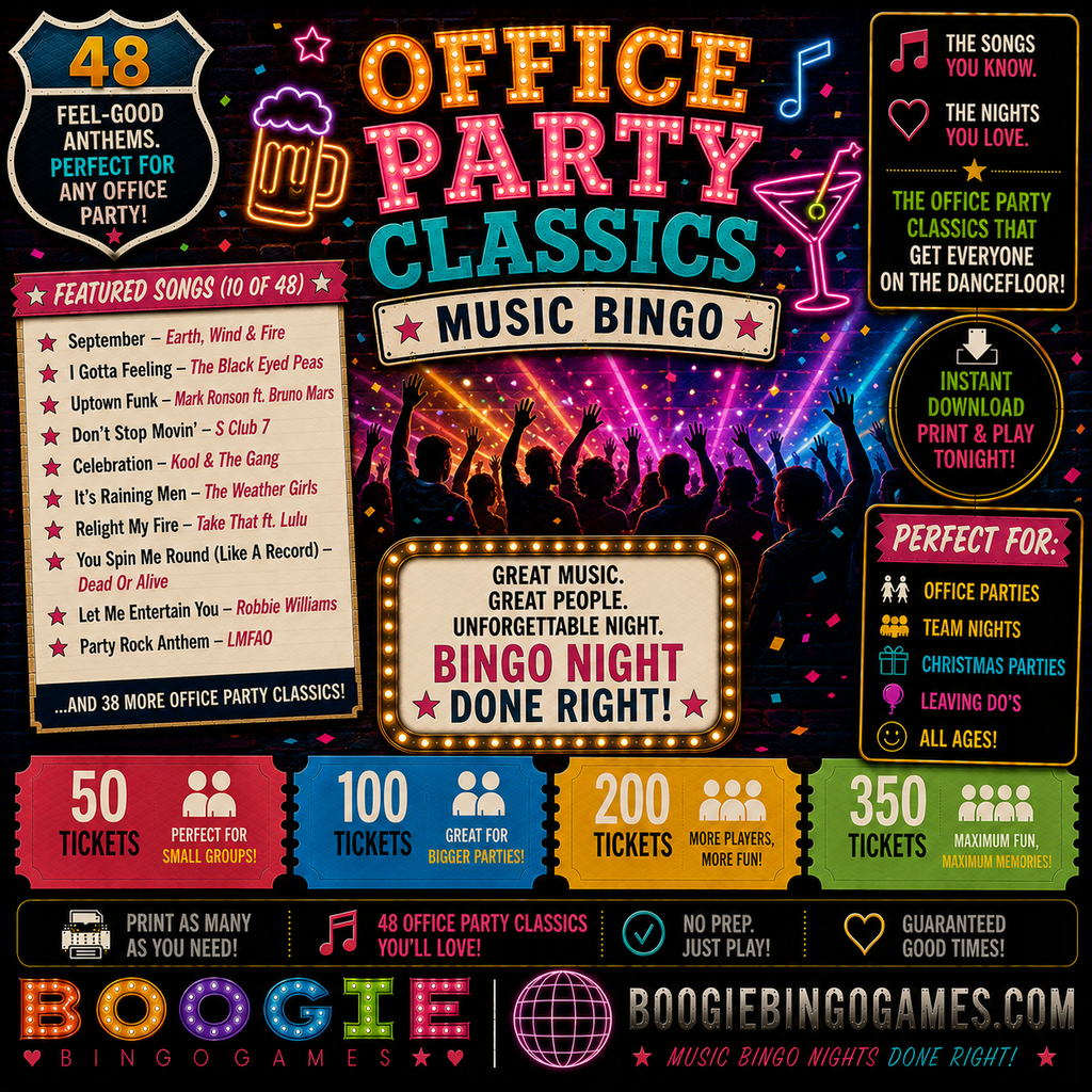Office Party Classics Music Bingo in 50, 100, 200 and 350 Ticket Options