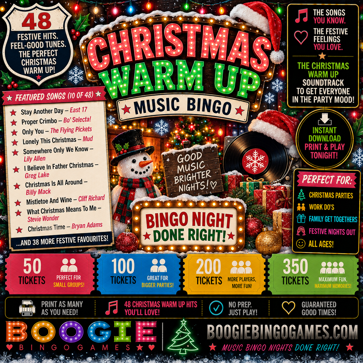Christmas Warm UpMusic Bingo Available in 50, 100, 200 and 350 Ticket Options