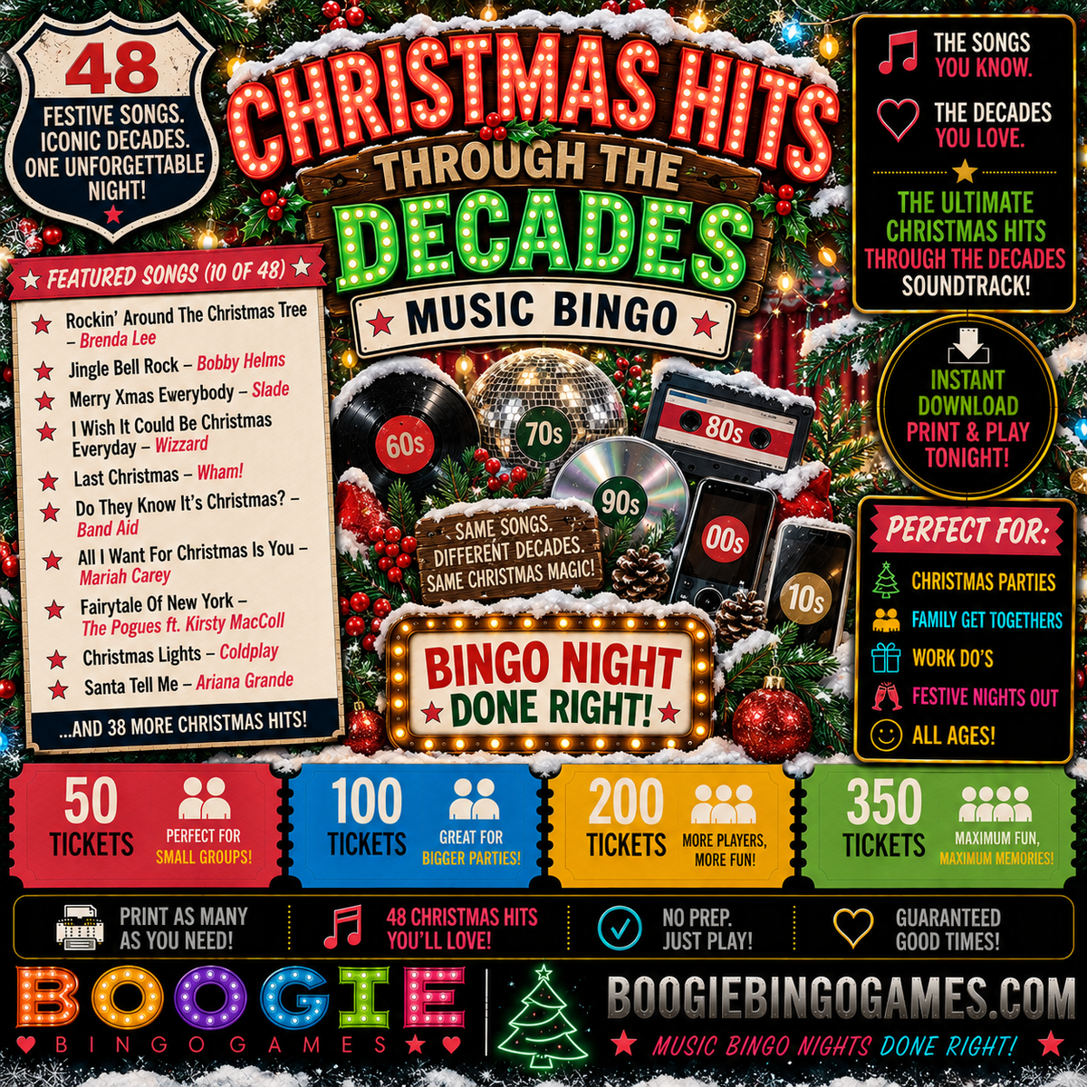 Christmas Hits Through The Decades Music Bingo In 50, 100, 200 and 350 Ticket Options