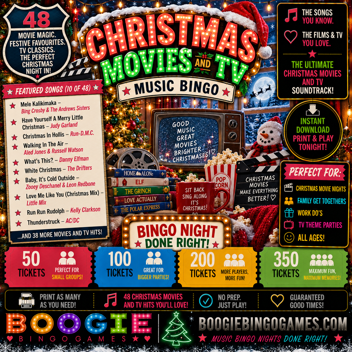 Christmas Movies And TV Music Bingo in 50, 100, 200 and 350 Ticket Options