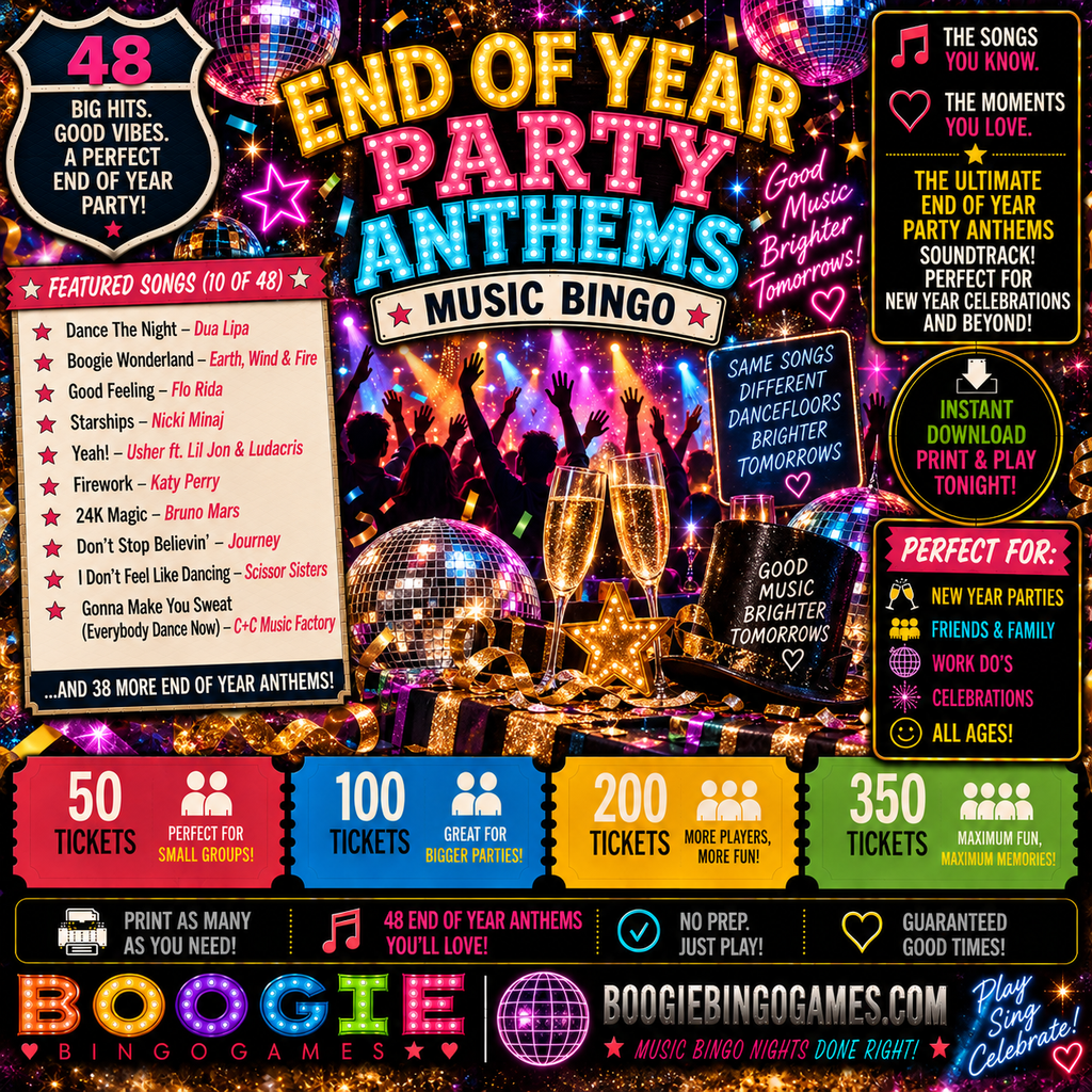 End Of Year Party Anthems Music Bingo in 50, 100, 200 and 350 Ticket Options
