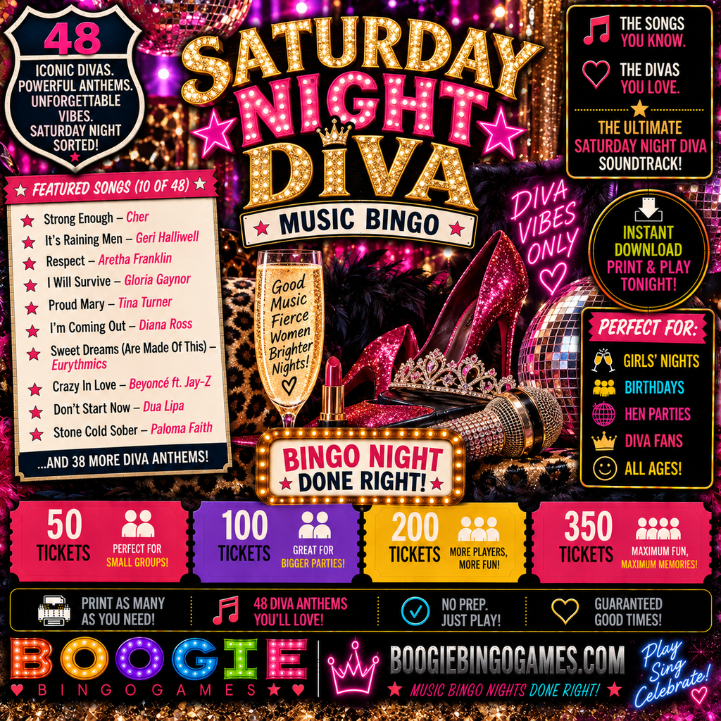 Saturday Night Diva Music Bingo In 50, 100, 200 and 350 Tickets Options