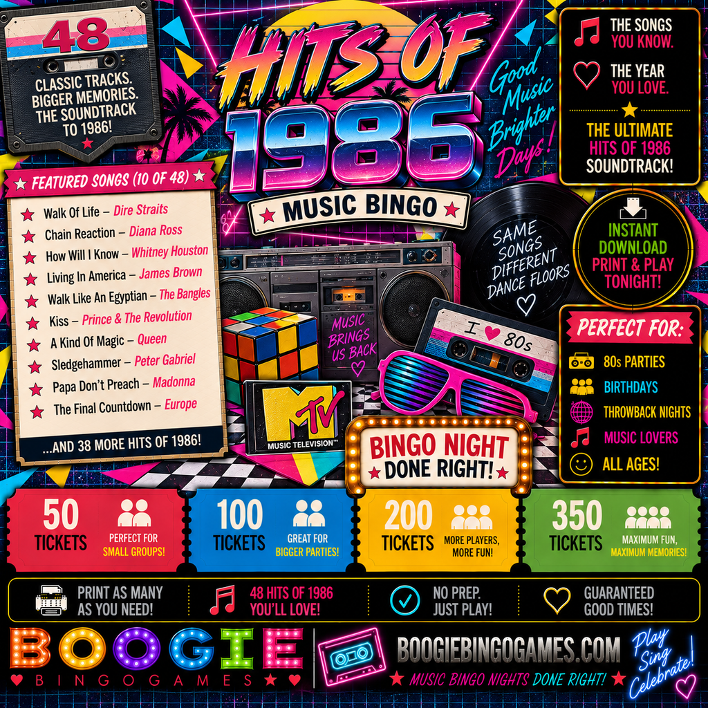 Hits of 1986 Music Bingo in 50, 100, 200 and 350 Ticket Options