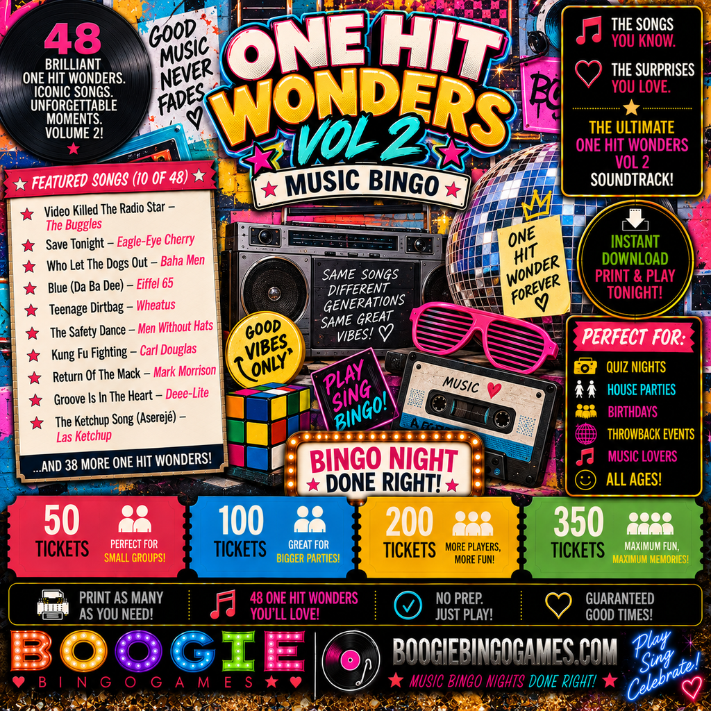 One Hit Wonders Vol 2 Music Bingo in 50, 100, 200 and 350 Ticket Options