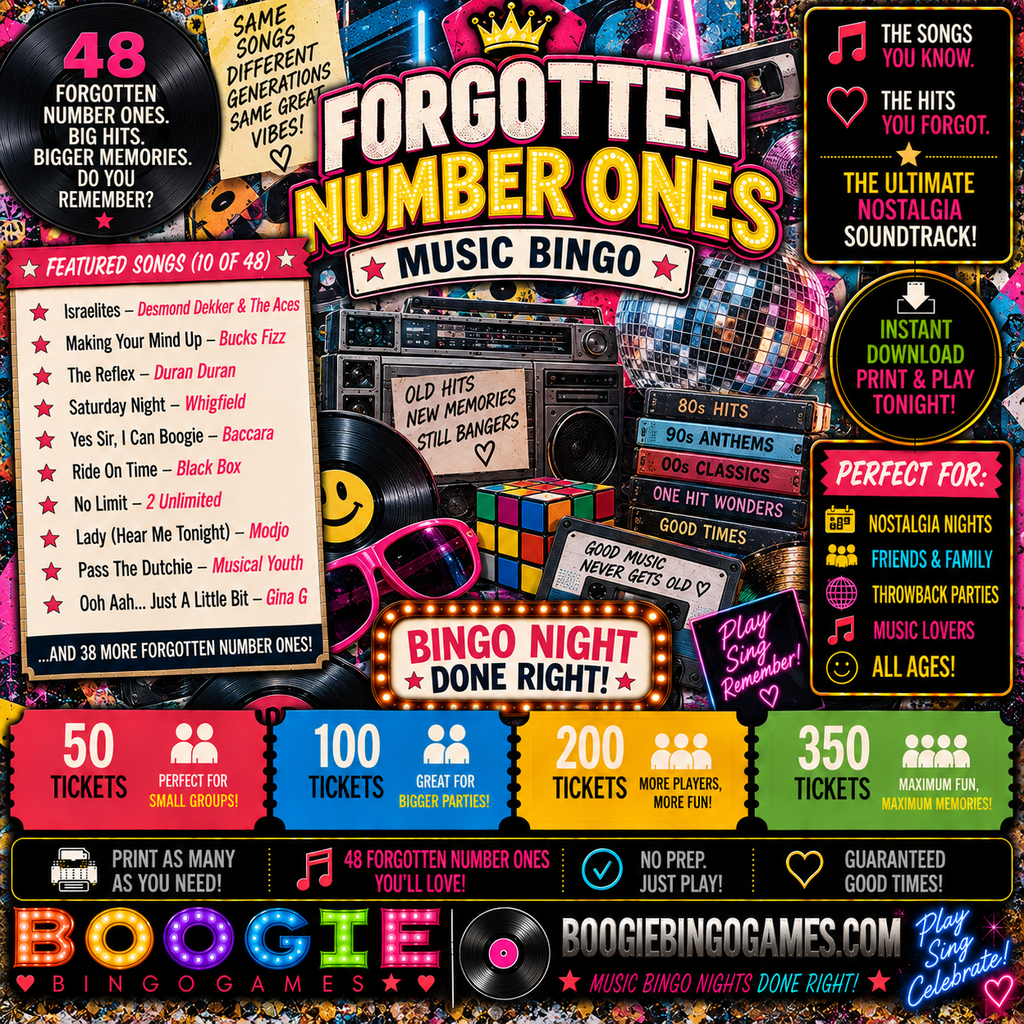 Forgotten Number Ones Music Bingo in 50, 100, 200 and 350 Ticket Options