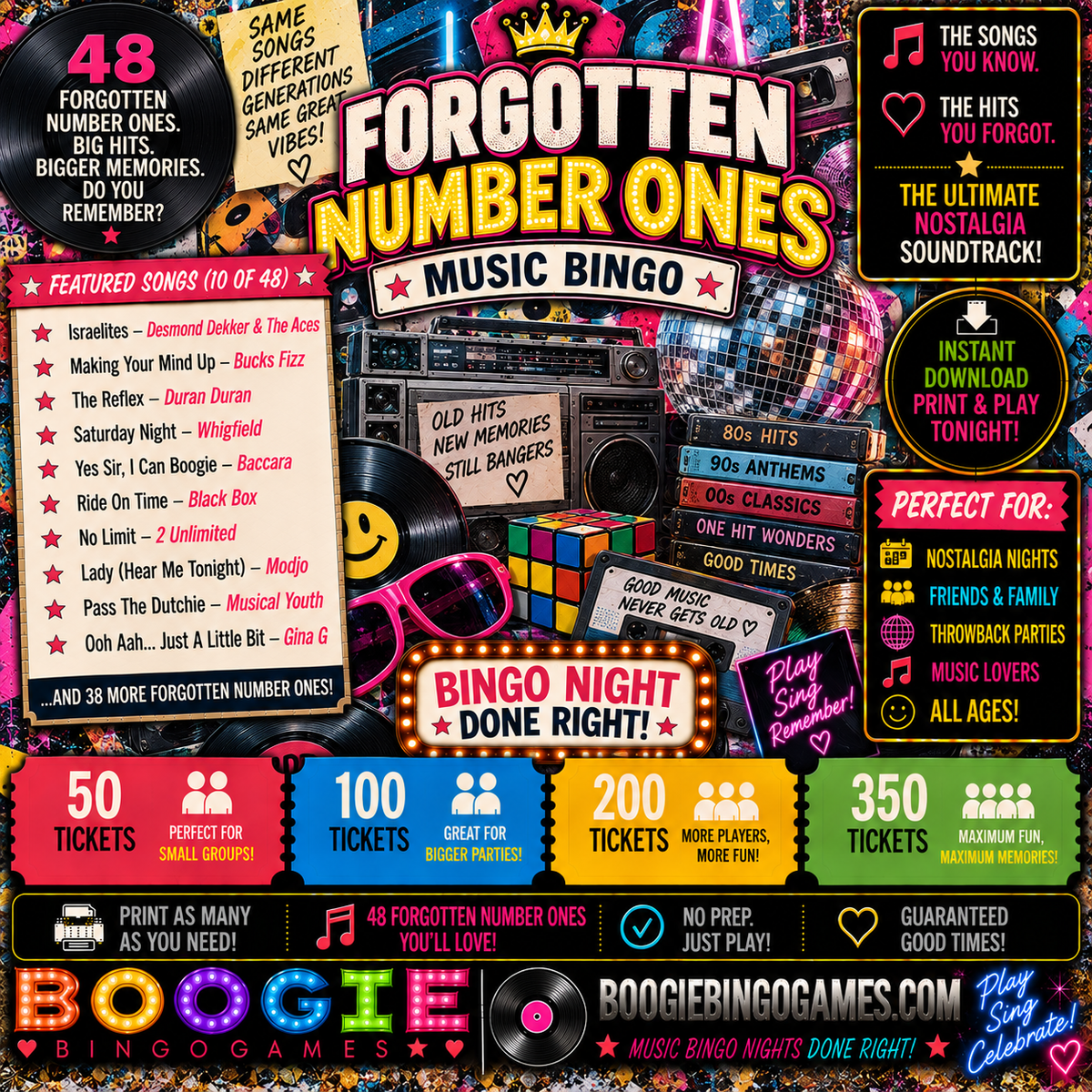 Forgotten Number Ones Music Bingo in 50, 100, 200 and 350 Ticket Options