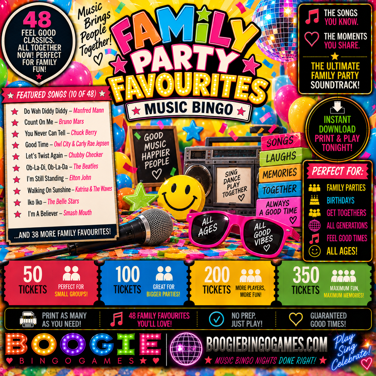 Family Party Favourites Music Bingo in 50, 100, 200 and 350 Ticket Options
