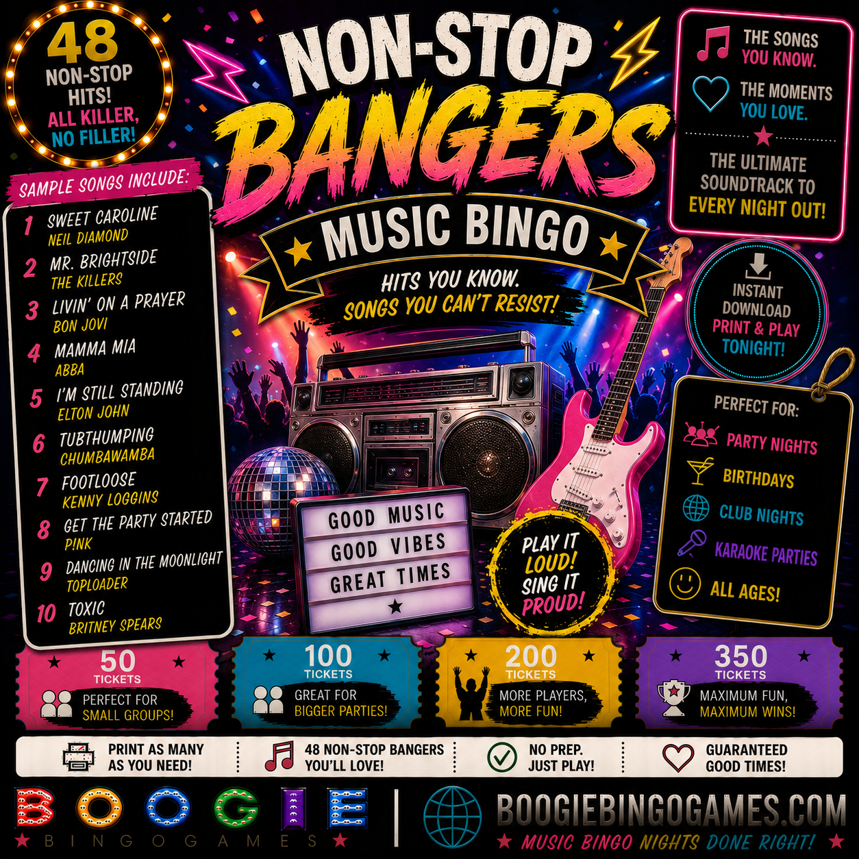 Non-Stop Bangers Music Bingo - Available in 50, 100, 200 and 350 Ticket Options