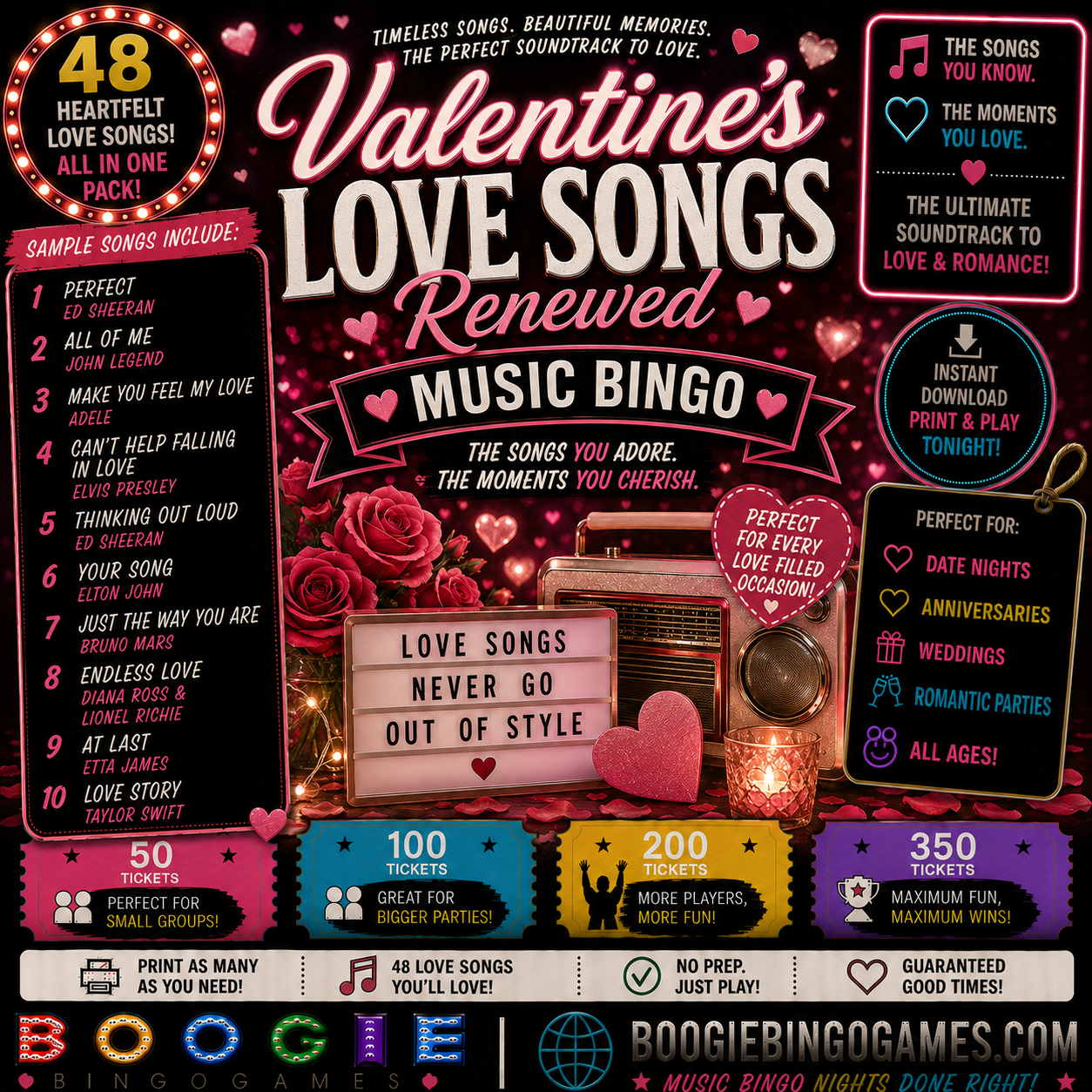 Valentine's Love Songs Renewed Music Bingo - Available in 50, 100, 200 and 350 Ticket Options