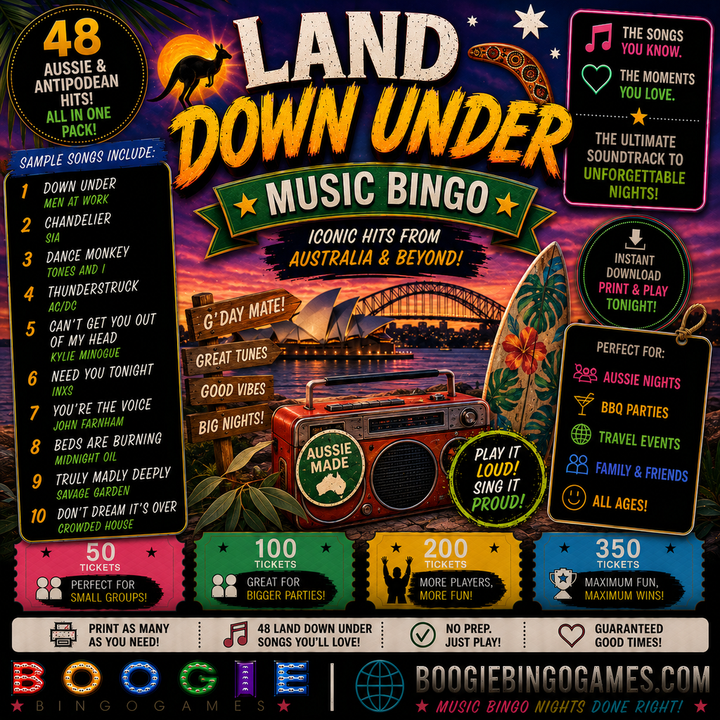 Land Down Under Music Bingo - Available in 50, 100, 200 and 350 Ticket Options