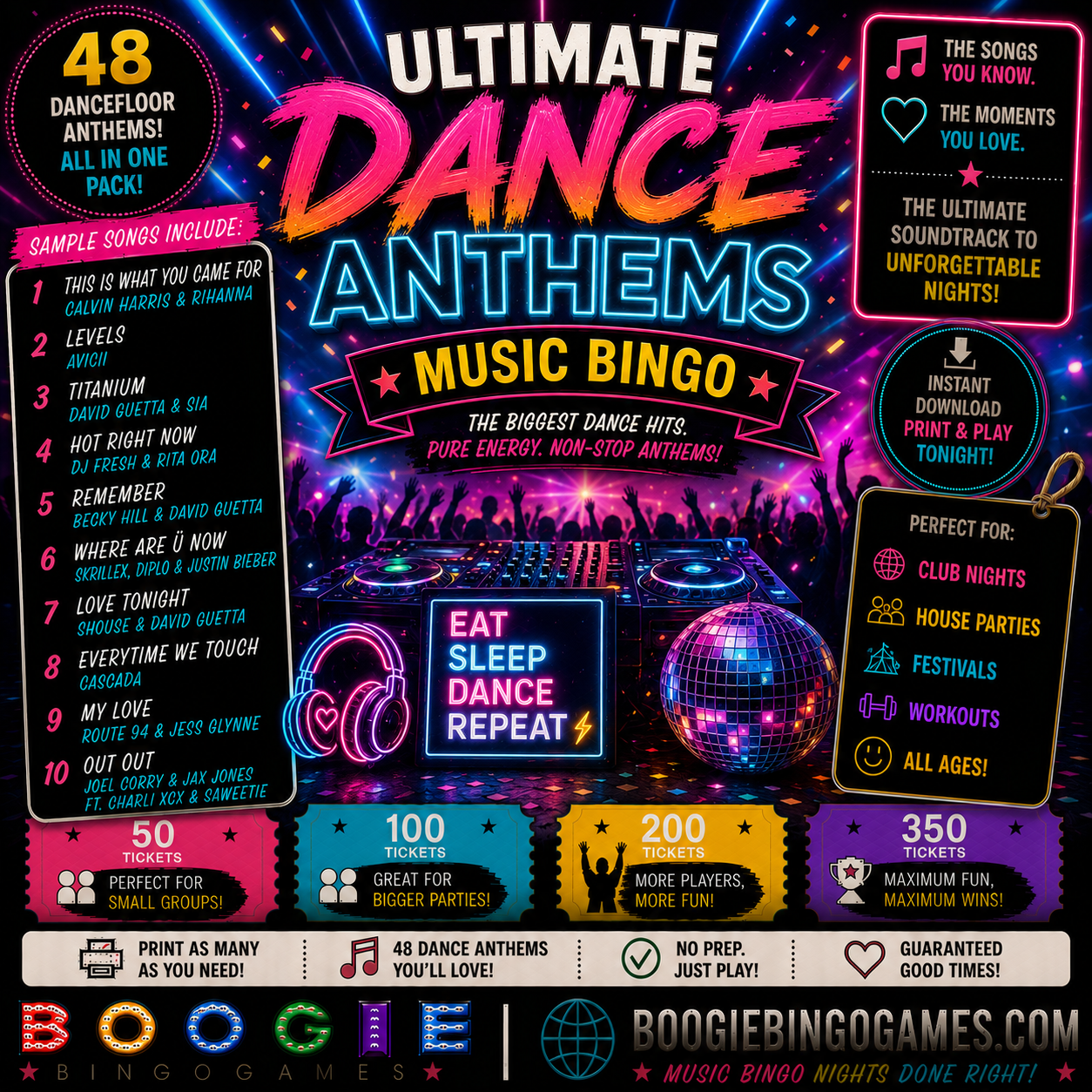 Ultimate Dance Anthems Music Bingo - Available in 50, 100, 200 and 350 Ticket Options