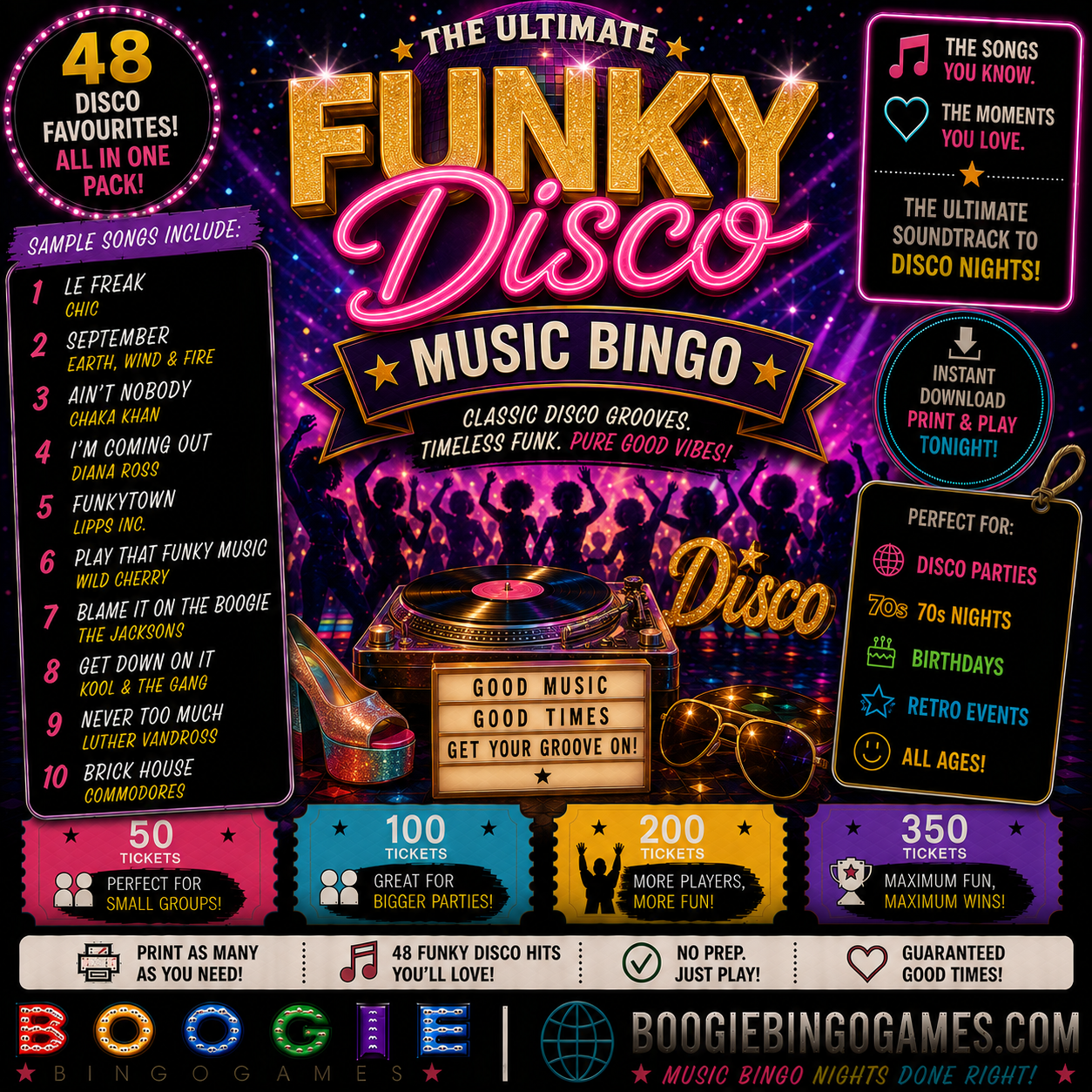 Funky Disco Music Bingo - Available in 50, 100, 200 and 350 Ticket Options