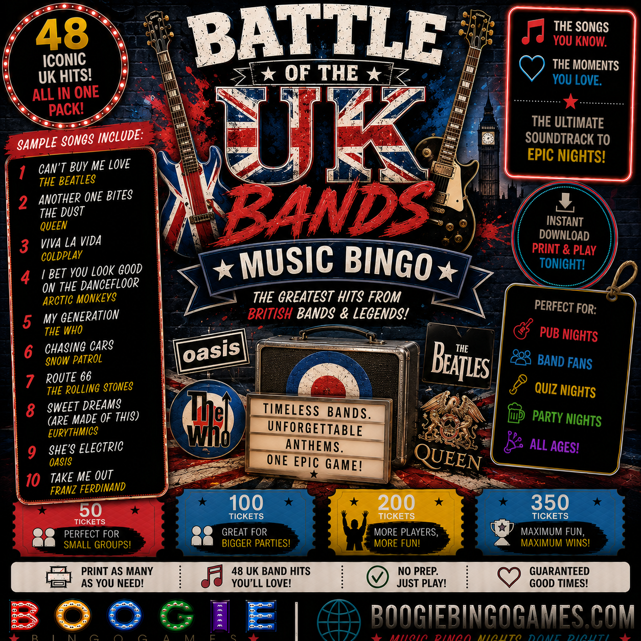Battle Of The UK Bands Music Bingo - Available in 50, 100, 200 and 350 Ticket Options