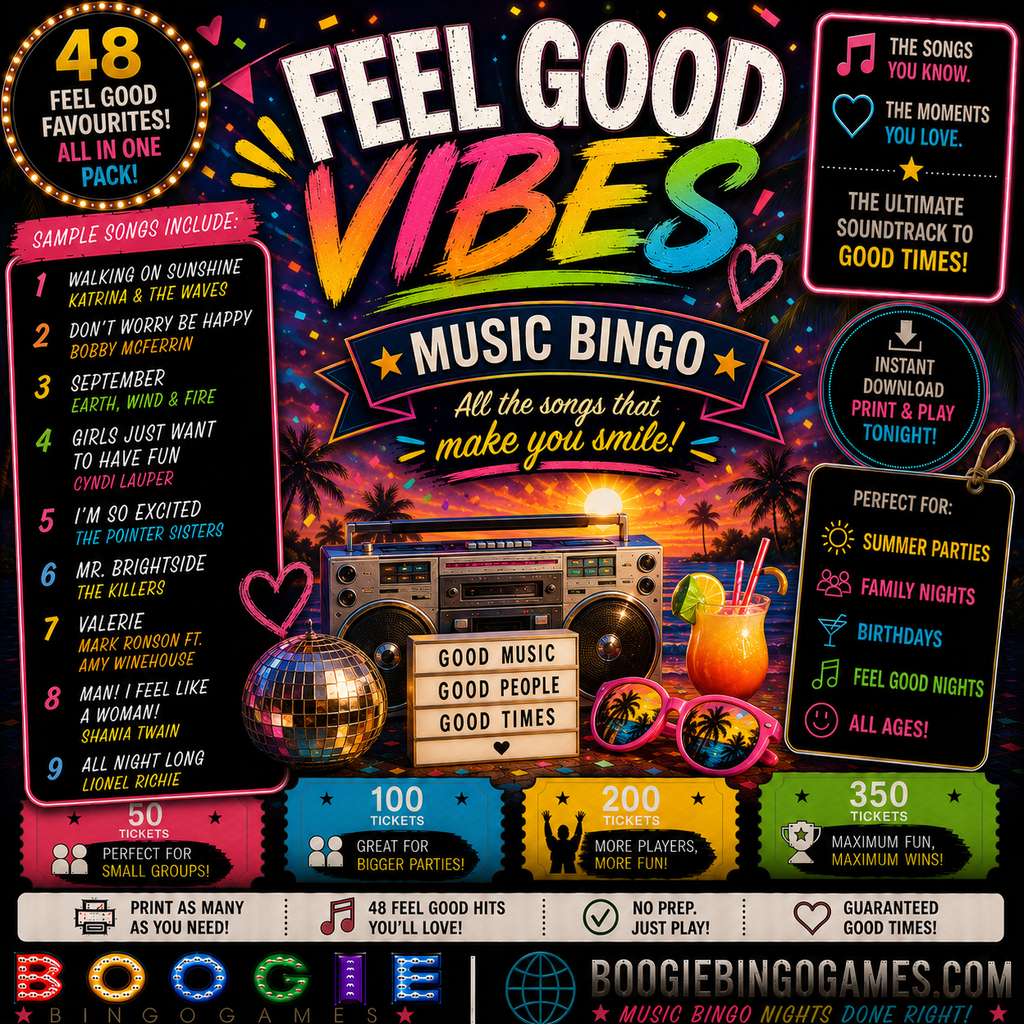 Feel Good Vibes Music Bingo - Available in 50, 100, 200 and 350 Ticket Options