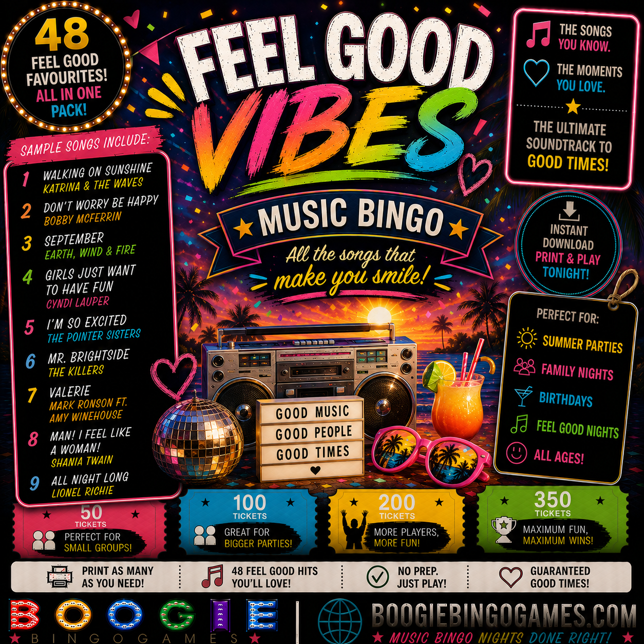 Feel Good Vibes Music Bingo - Available in 50, 100, 200 and 350 Ticket Options