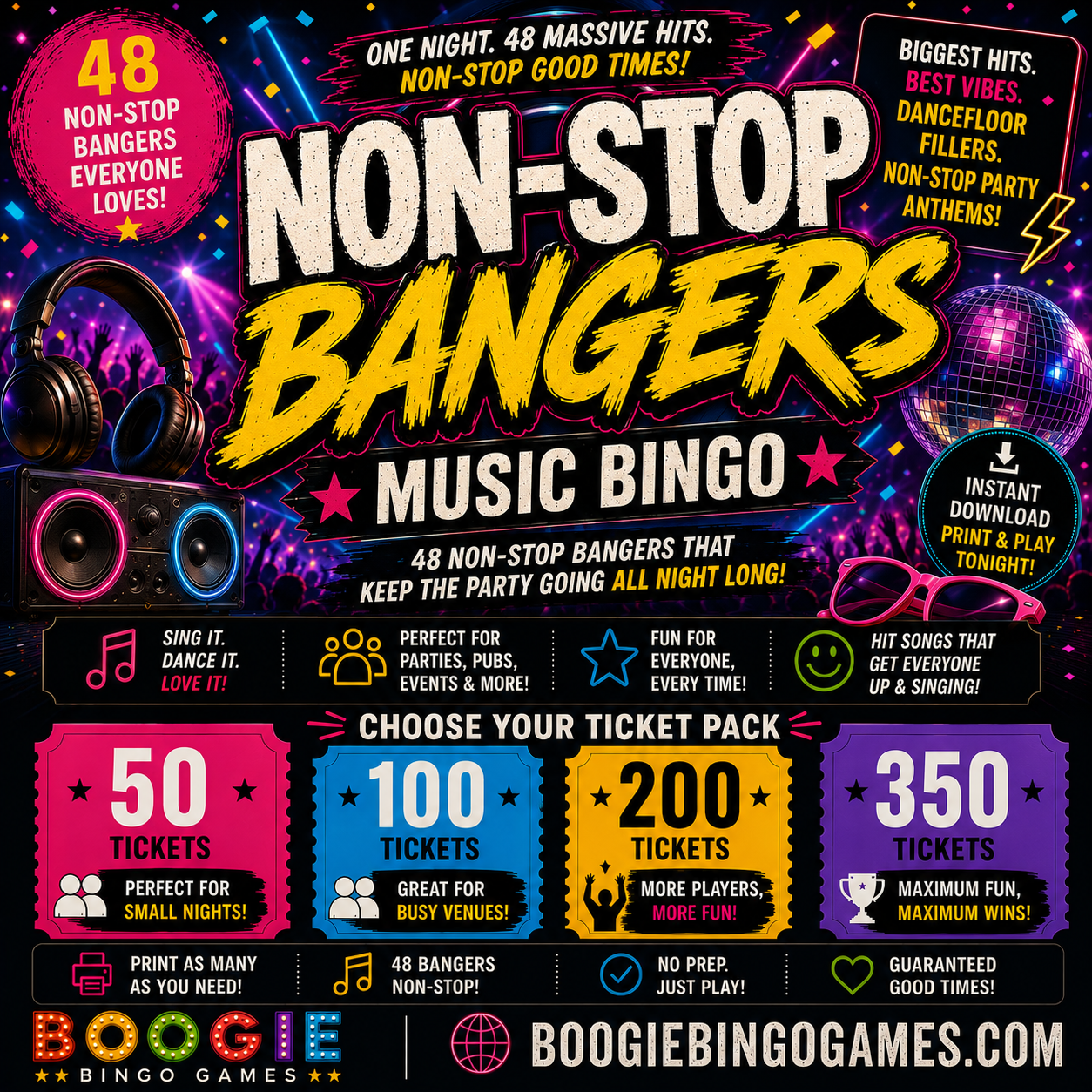 Non-Stop Bangers Music Bingo - Available in 50, 100, 200 and 350 Ticket Options